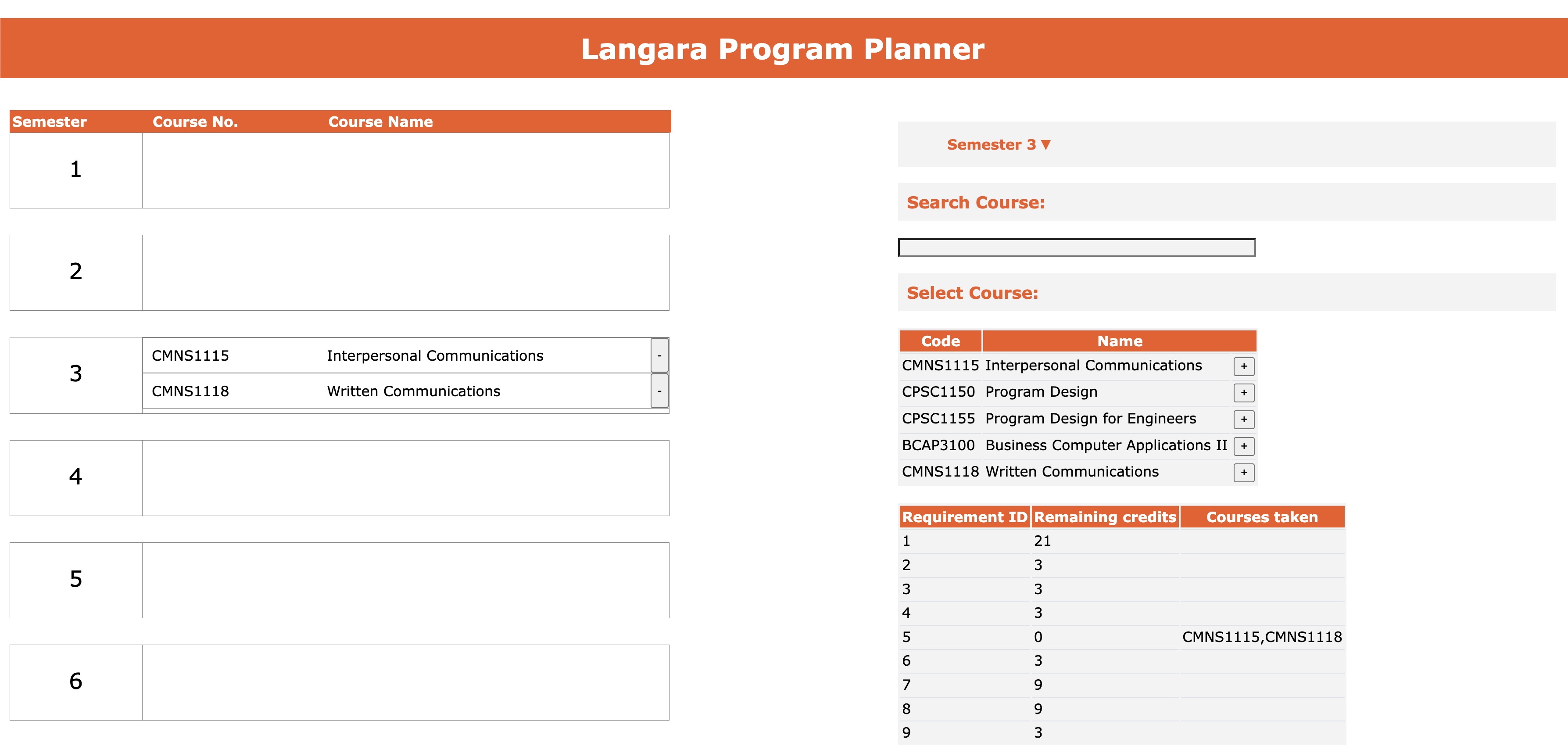 Langara Planner Prototype Webpage
